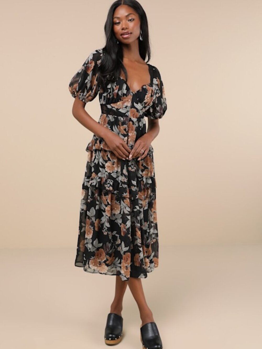 Lulus Fawning Favorite Black Floral Lace Tiered Lace-up Midi Dress - Size S